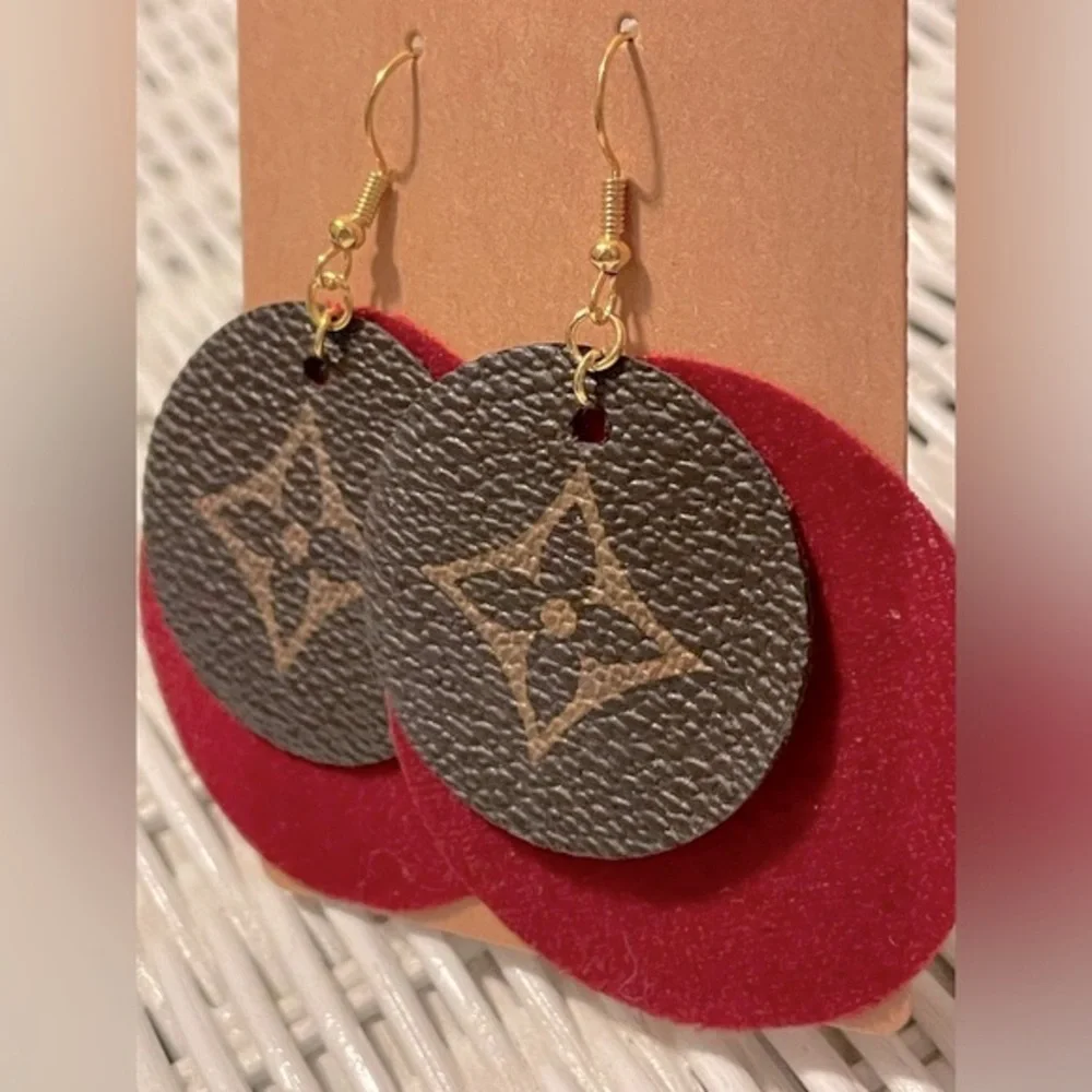 Custom Made Lux Earrings - NWT - hand crafted upcycled from a rehab bag 2” wide - Picture 3 of 4